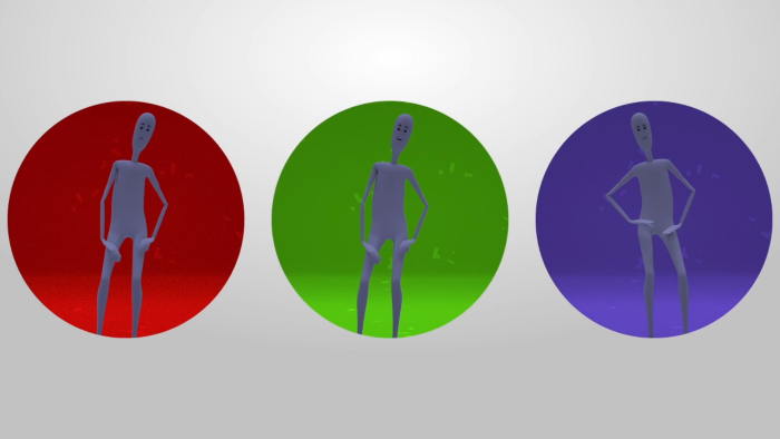três bonecos em fundos de chroma key vermelho, verde e azul