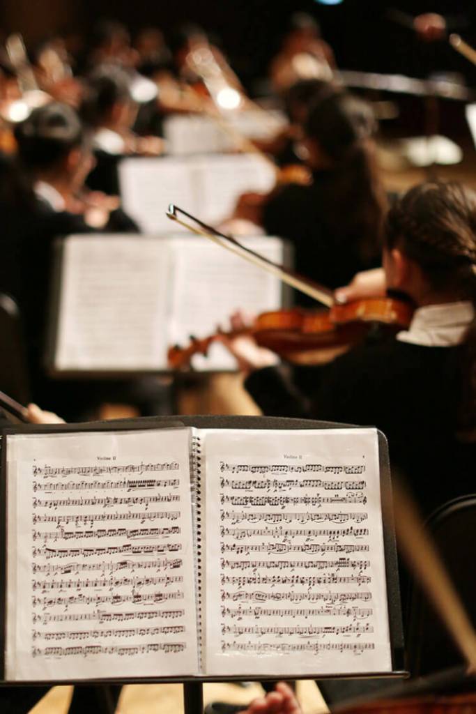 Imagem de uma orquestra, pessoas tocando violino e lendo partituras