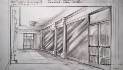 Direção de arte: imagem de um desenho de uma locação do filme Suspiria